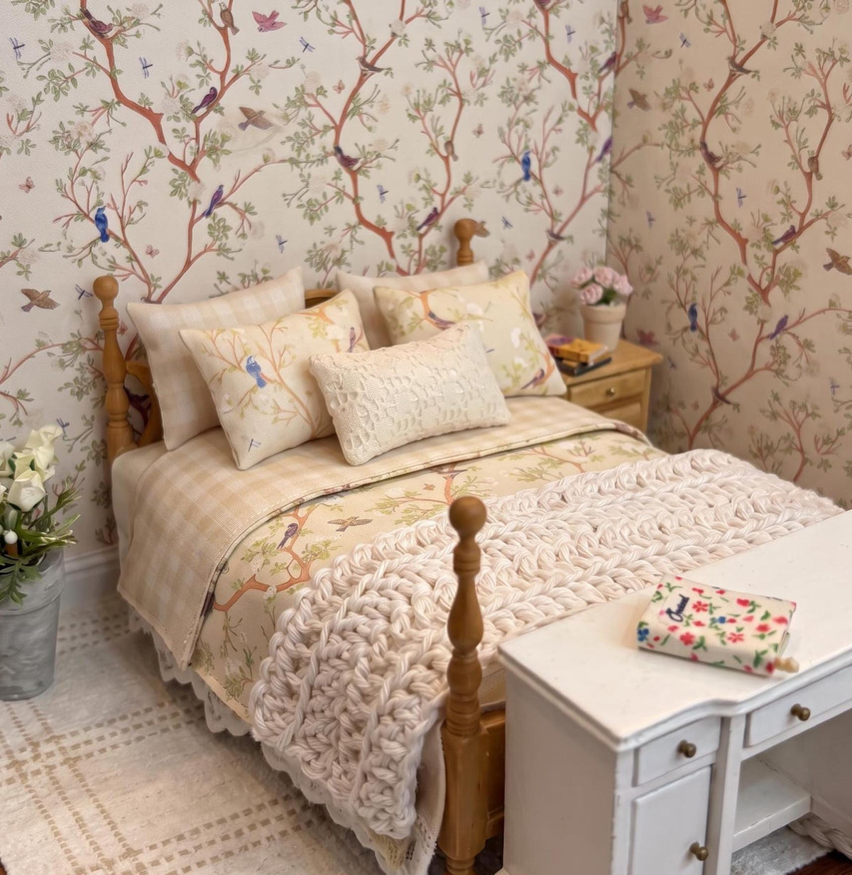Miniature Dollhouse Bedding Set, Birds & Floral Chinoiserie, 8-Piece Cottage Decor