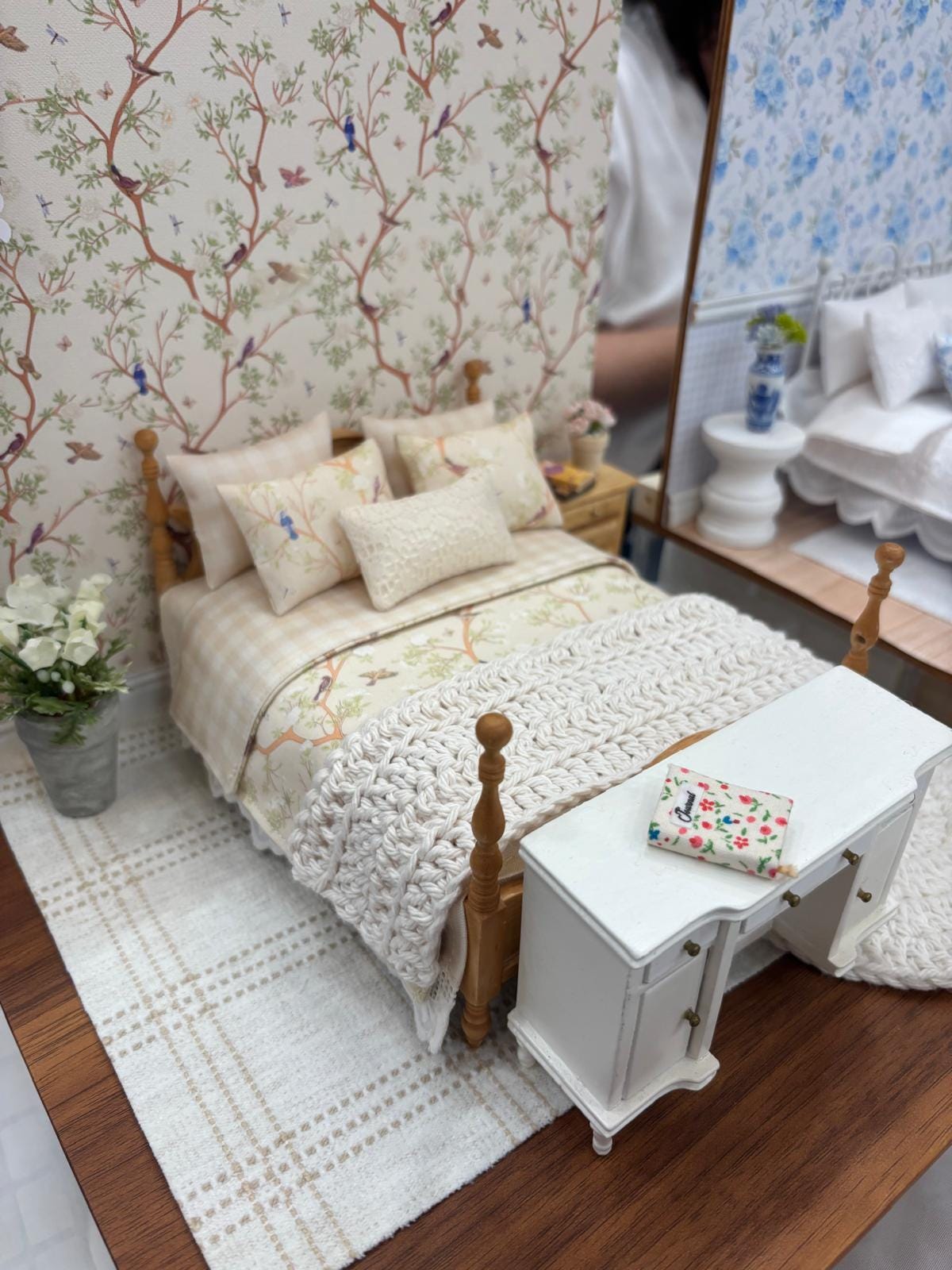 Miniature Dollhouse Bedding Set, Birds & Floral Chinoiserie, 8-Piece Cottage Decor
