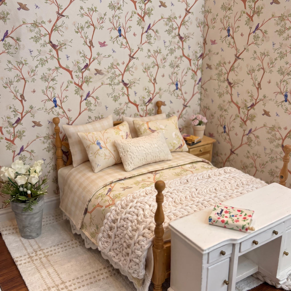 Miniature Dollhouse Bedding Set, Birds & Floral Chinoiserie, 8-Piece Cottage Decor
