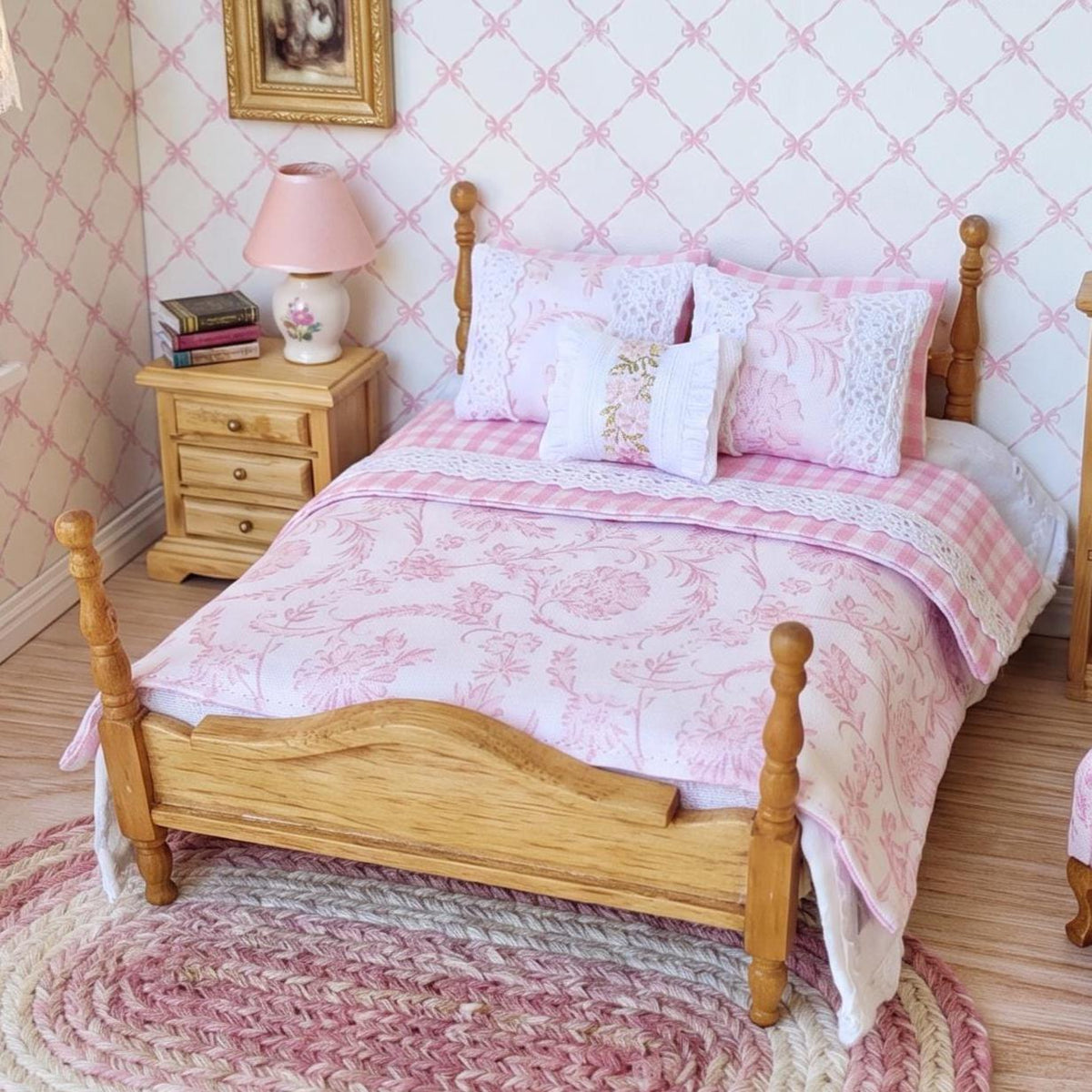 Miniature Dollhouse Bedding Set, Pink Gingham, Lace & Floral Pillows, 8 Piece Cottage Bedroom Decor