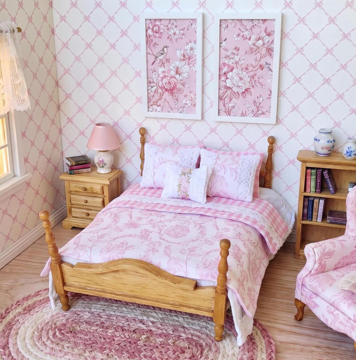 Miniature Dollhouse Bedding Set, Pink Gingham, Lace & Floral Pillows, 8 Piece Cottage Bedroom Decor