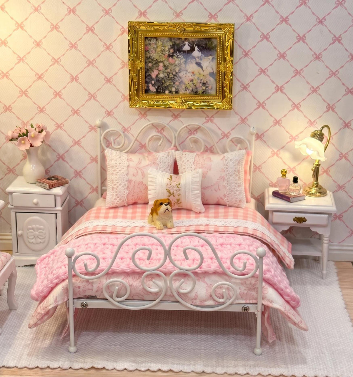 Miniature Dollhouse Bedding Set, Pink Gingham, Lace & Floral Pillows, 8 Piece Cottage Bedroom Decor
