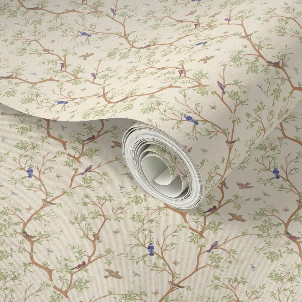 1/12 Scale Dollhouse Miniature Peel & Stick Wallpaper Linen Texture Chinoiserie on Cream